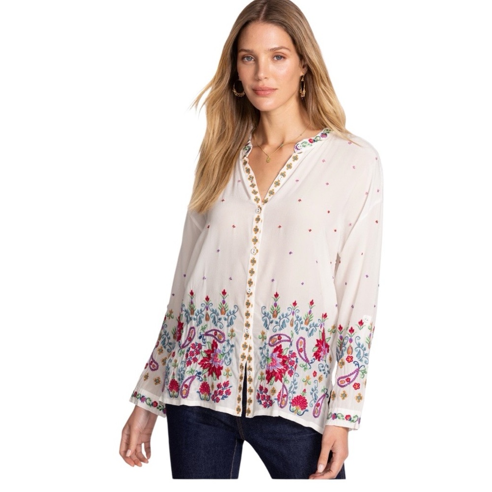 JOHNNY WAS The Teresa Audrey‎ Mandarin Collar Button Down Embroidered Blouse XS